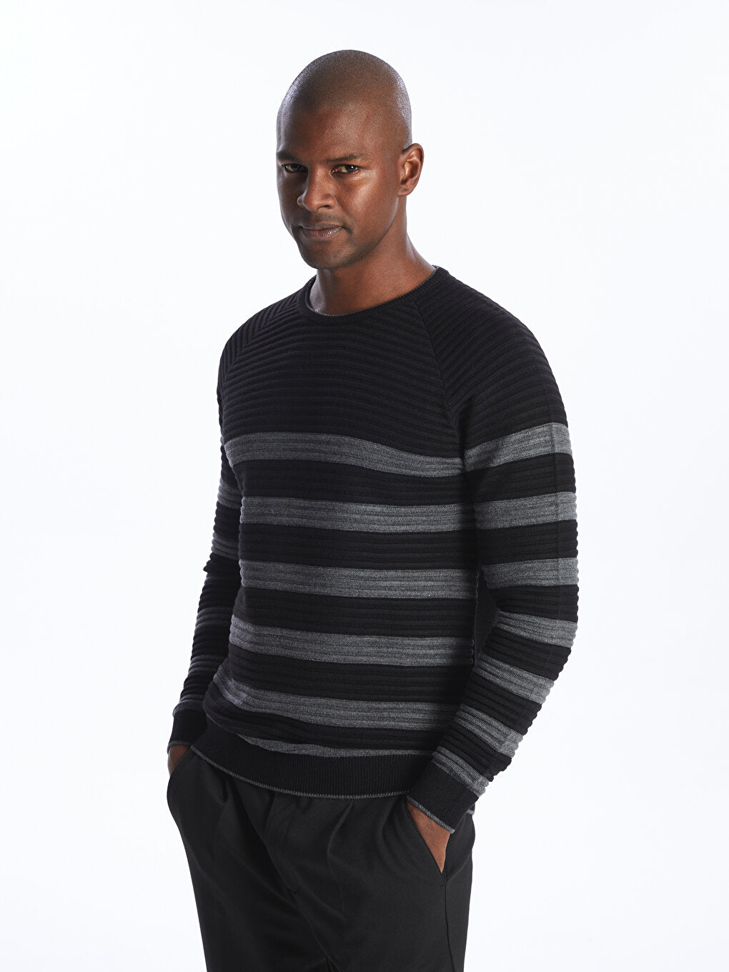 Crew Neck Long Sleeve Striped Men's Knitwear Sweater