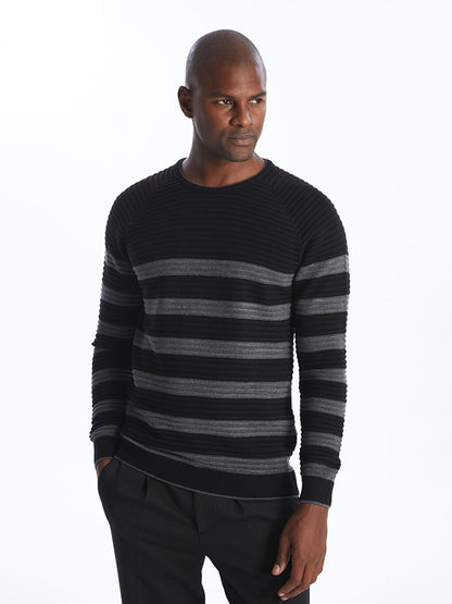 Crew Neck Long Sleeve Striped Men's Knitwear Sweater