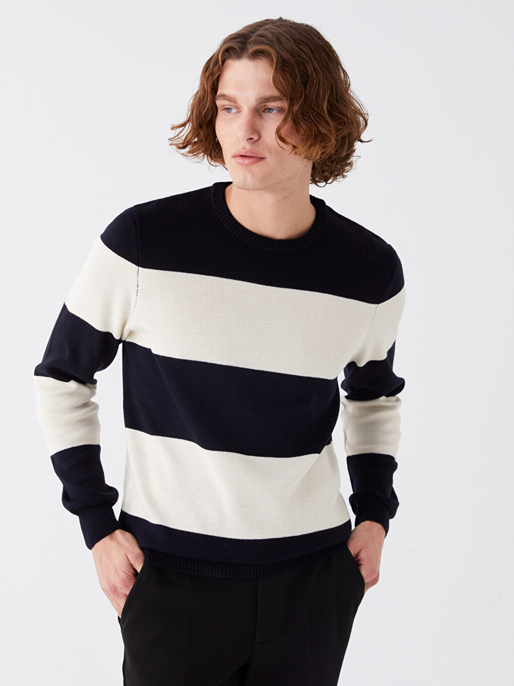 Crew Neck Long Sleeve Color Block Men's Knitwear Sweater