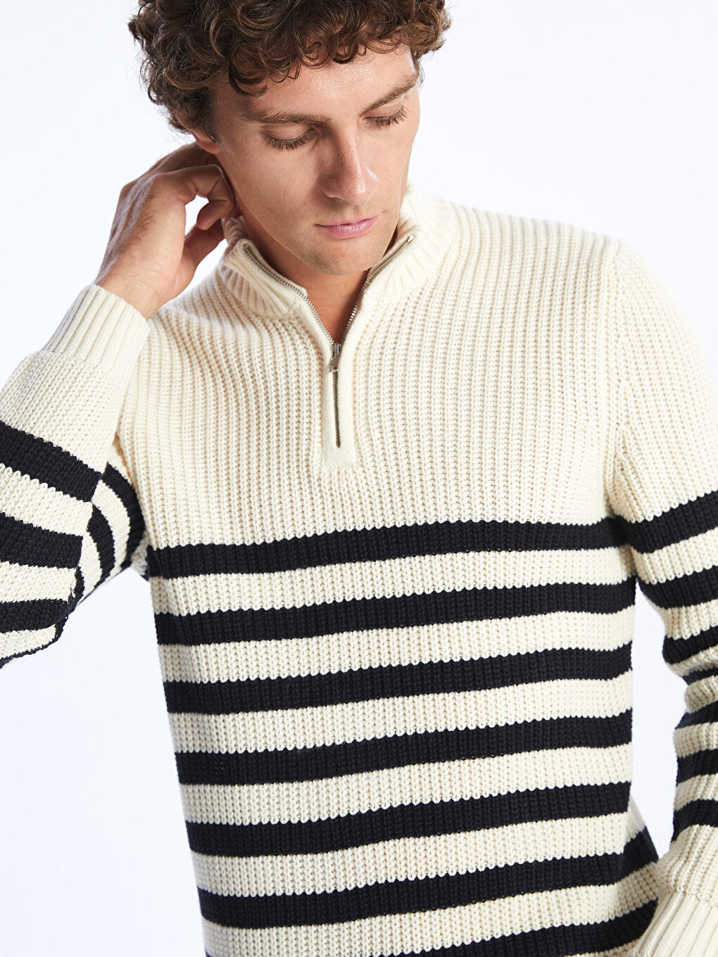 High Collar Long Sleeve Striped Men's Knitwear Sweater