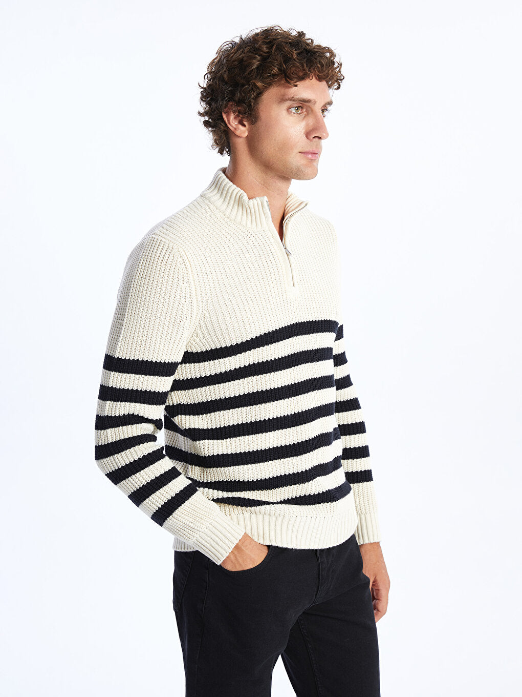 High Collar Long Sleeve Striped Men's Knitwear Sweater