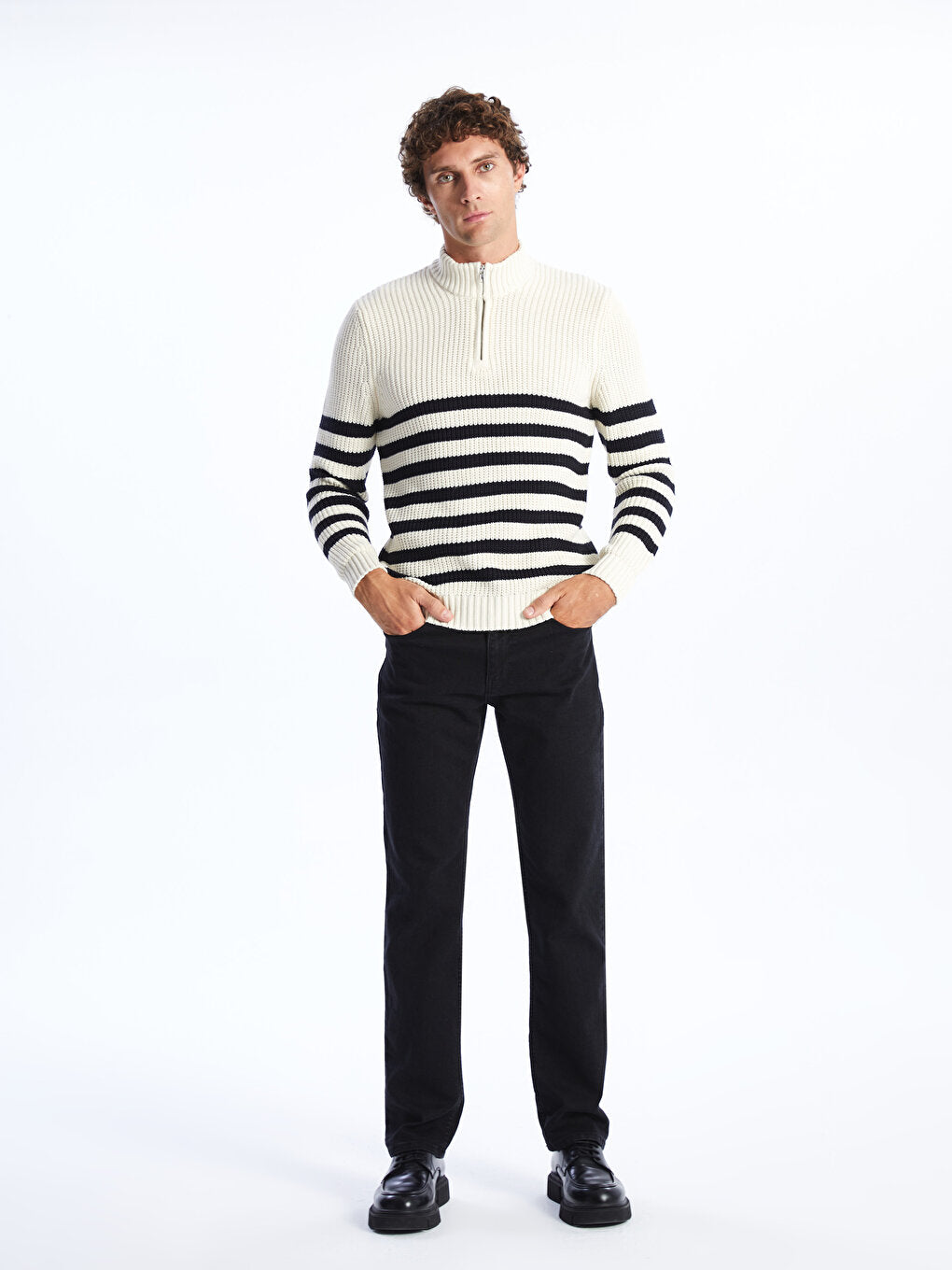 High Collar Long Sleeve Striped Men's Knitwear Sweater