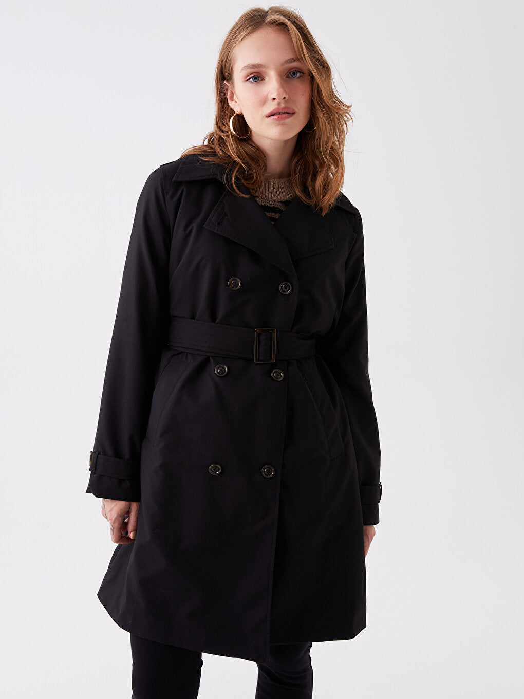 Women's Double Breasted Collar Plain Trench Coat