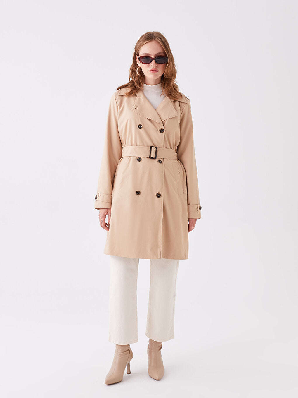 Women's Double Breasted Collar Plain Trench Coat