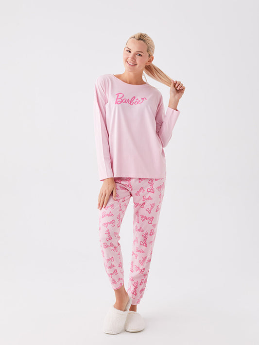 Crew Neck Barbie Printed Long Sleeve Women's Pajama Set