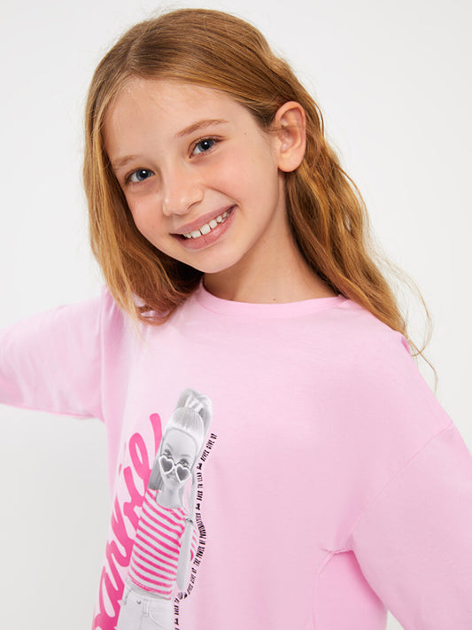 Crew Neck Barbie Printed Long Sleeve Girls' T-Shirt