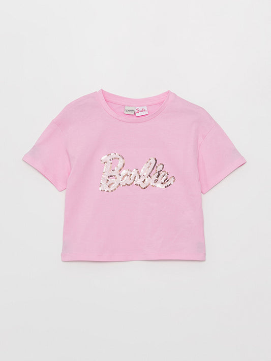 Crew Neck Barbie Sequin Embroidered Short Sleeve Girls' T-Shirt