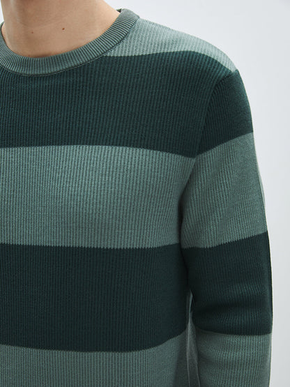 Crew Neck Long Sleeve Striped Men's Knitwear Sweater