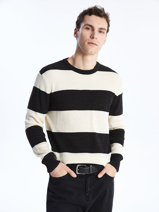 Crew Neck Long Sleeve Striped Men's Knitwear Sweater