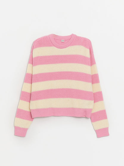 Crew Neck Striped Long Sleeve Girls Crop Knitwear Sweater