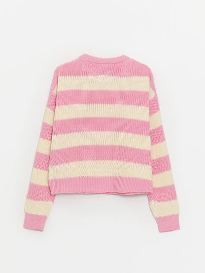 Crew Neck Striped Long Sleeve Girls Crop Knitwear Sweater