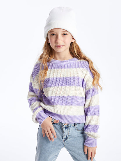 Crew Neck Striped Long Sleeve Girls Crop Knitwear Sweater