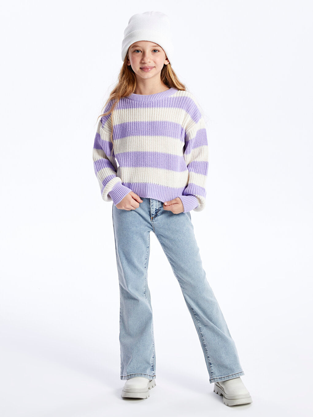 Crew Neck Striped Long Sleeve Girls Crop Knitwear Sweater