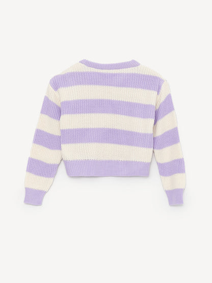 Crew Neck Striped Long Sleeve Girls Crop Knitwear Sweater