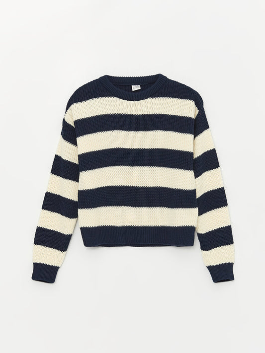 Crew Neck Striped Long Sleeve Girls Crop Knitwear Sweater