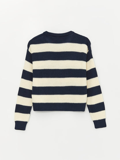 Crew Neck Striped Long Sleeve Girls Crop Knitwear Sweater