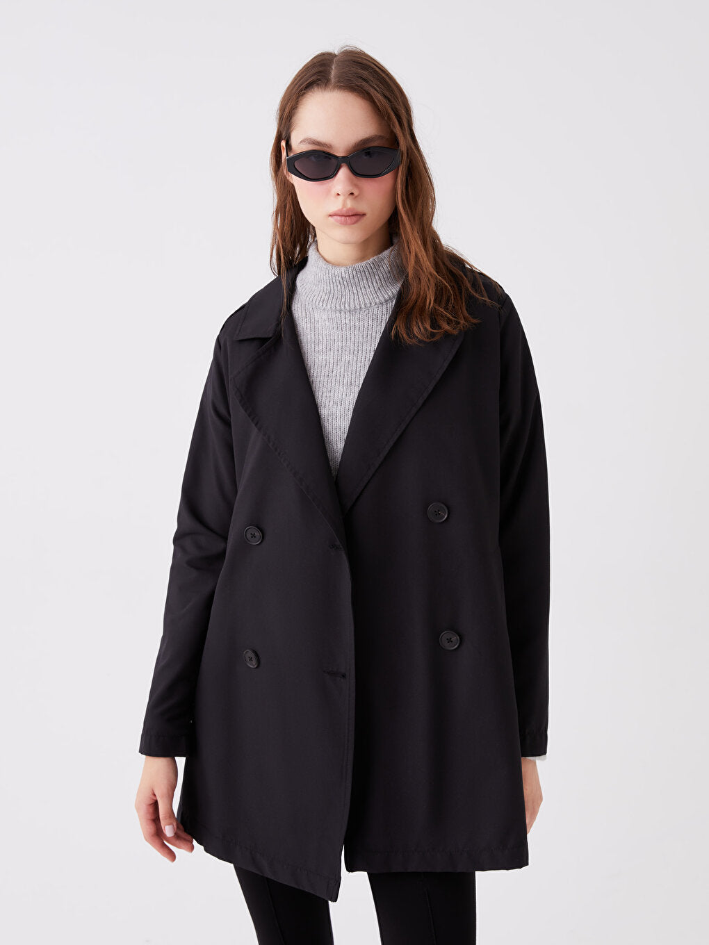 Women's Double Breasted Collar Plain Trench Coat