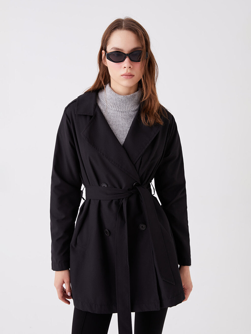 Women's Double Breasted Collar Plain Trench Coat