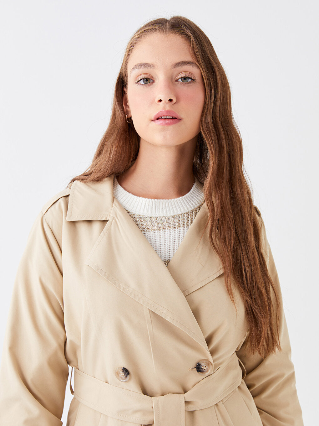 Women's Double Breasted Collar Plain Trench Coat