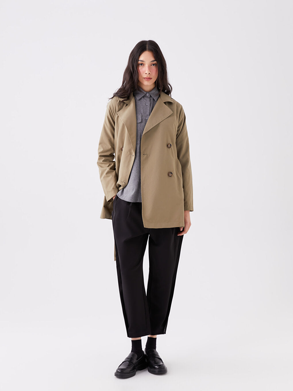 Women's Double Breasted Collar Plain Trench Coat