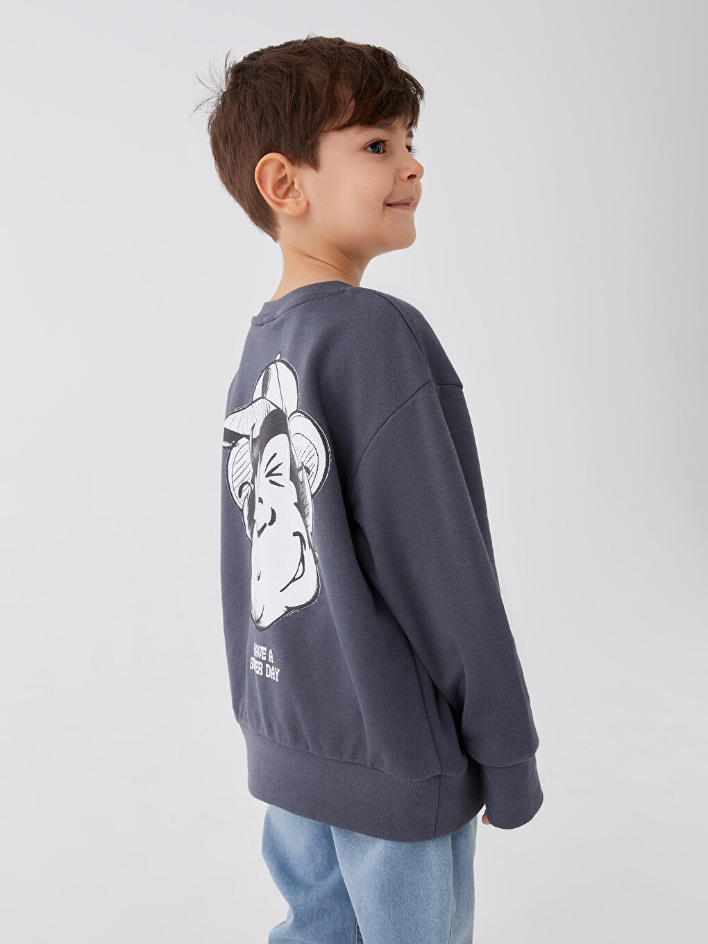 Crew Neck Nostalgic Monkey Printed Long Sleeve Unisex Kids Sweatshirt