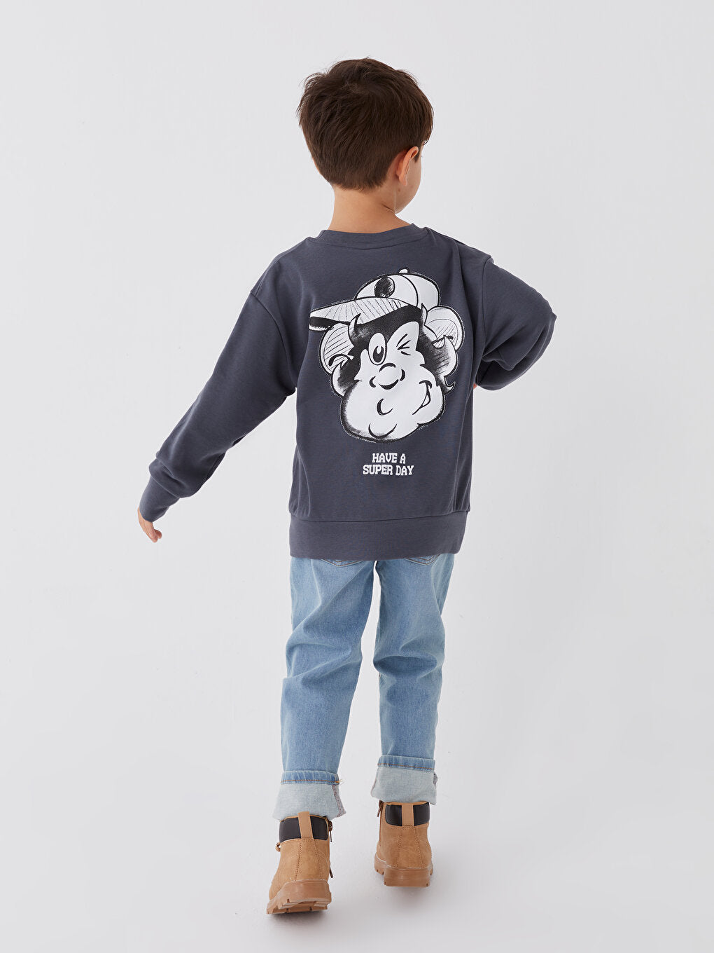 Crew Neck Nostalgic Monkey Printed Long Sleeve Unisex Kids Sweatshirt