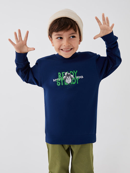 Crew Neck Nostalgic Monkey Printed Long Sleeve Boy's Sweatshirt