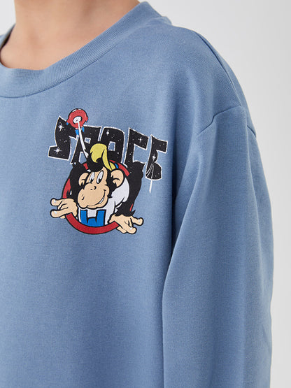 Crew Neck Nostalgic Monkey Printed Long Sleeve Boy's Sweatshirt