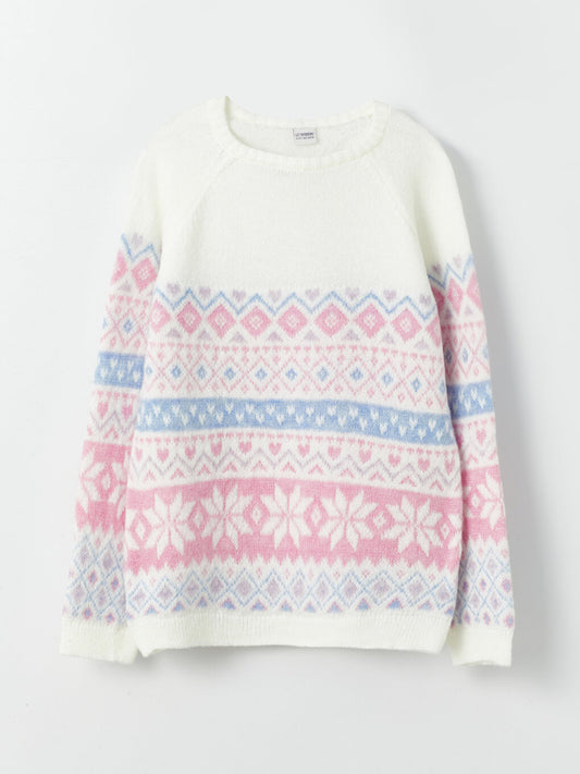 Crew Neck Patterned Long Sleeve Girl's Knitwear Sweater