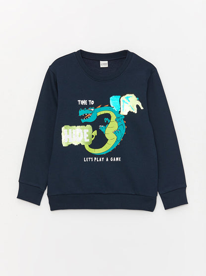 Crew Neck Printed Reversible Sequined Long Sleeve Boy's Sweatshirt