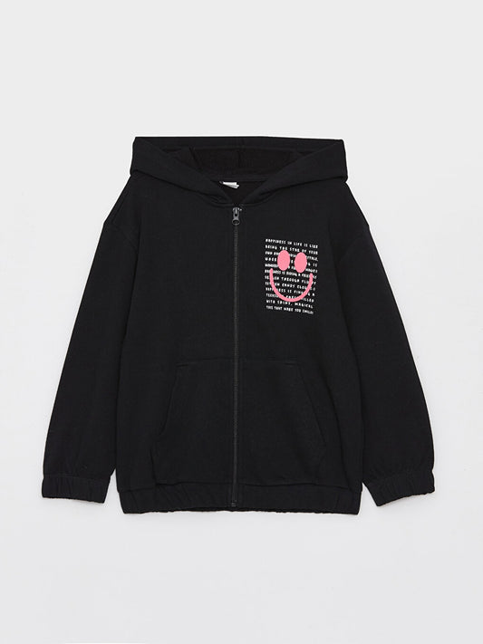 Hooded Printed Long Sleeve Girl's Zipper Sweatshirt