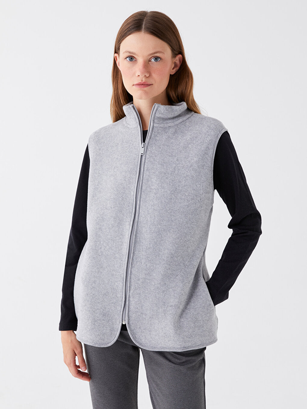 Women's High Collar Plain Fleece Vest