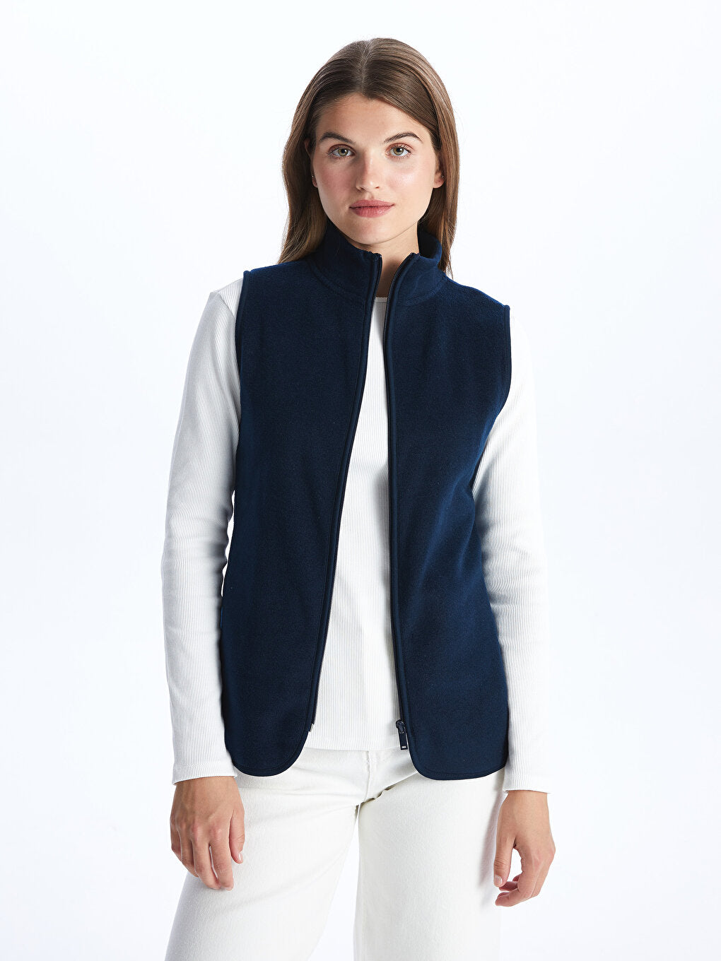 Women's High Collar Plain Fleece Vest