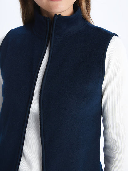 Women's High Collar Plain Fleece Vest