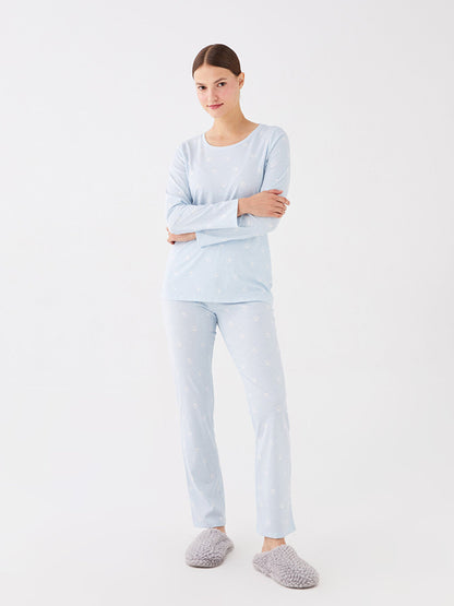 Crew Neck Plain Long Sleeve Women's Pajama Set