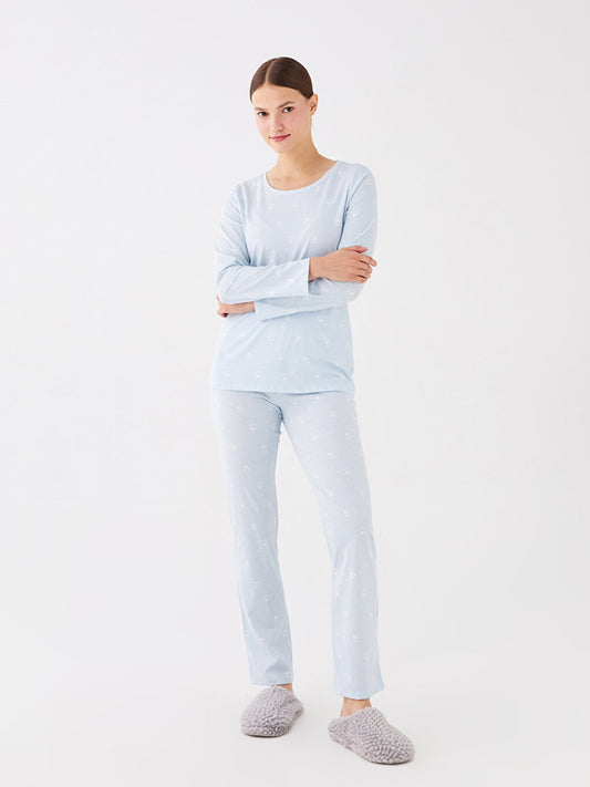 Crew Neck Plain Long Sleeve Women's Pajama Set