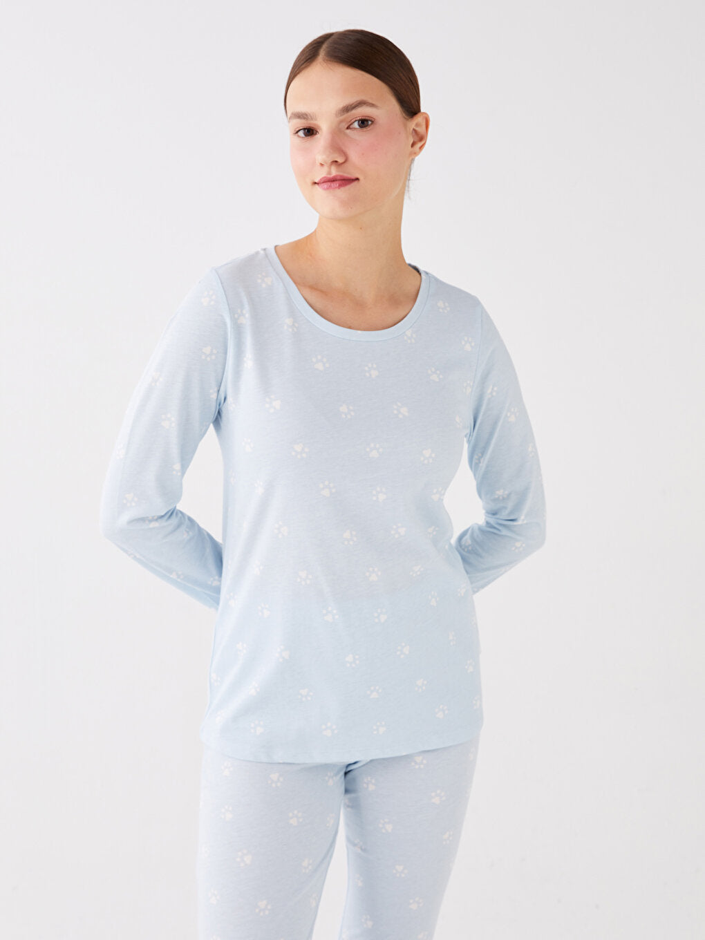 Crew Neck Plain Long Sleeve Women's Pajama Set