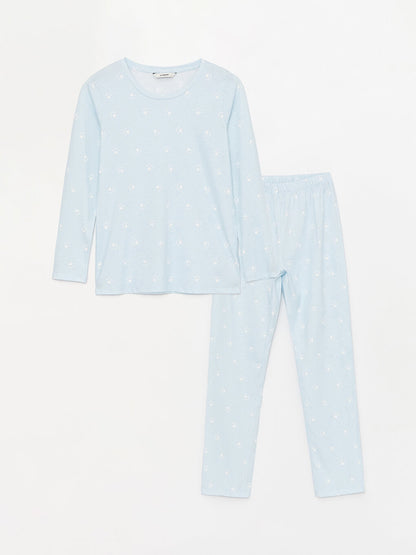 Crew Neck Plain Long Sleeve Women's Pajama Set