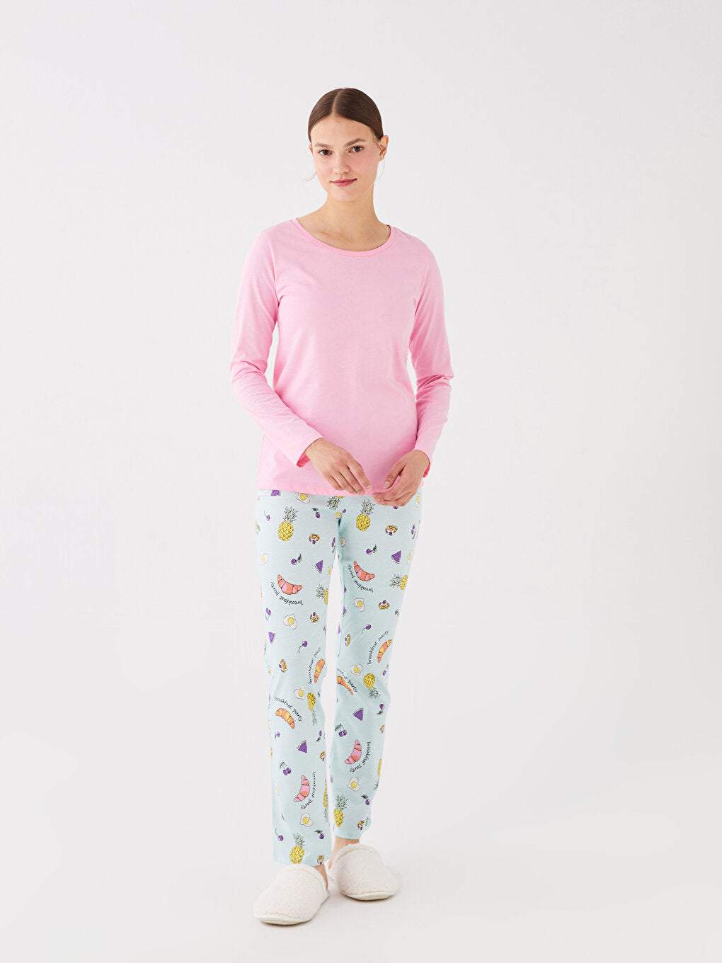 Crew Neck Patterned Long Sleeve Women's Pajama Set