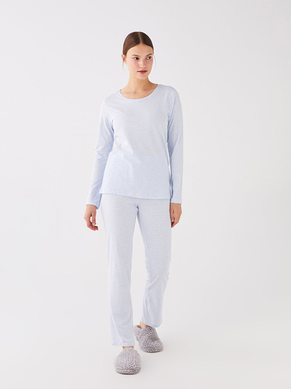 Crew Neck Plain Long Sleeve Women's Pajama Set