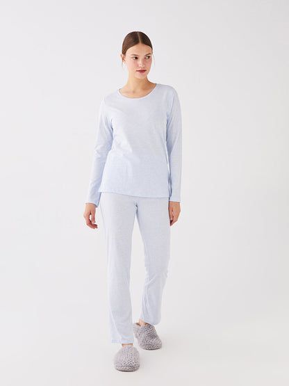 Crew Neck Plain Long Sleeve Women's Pajama Set