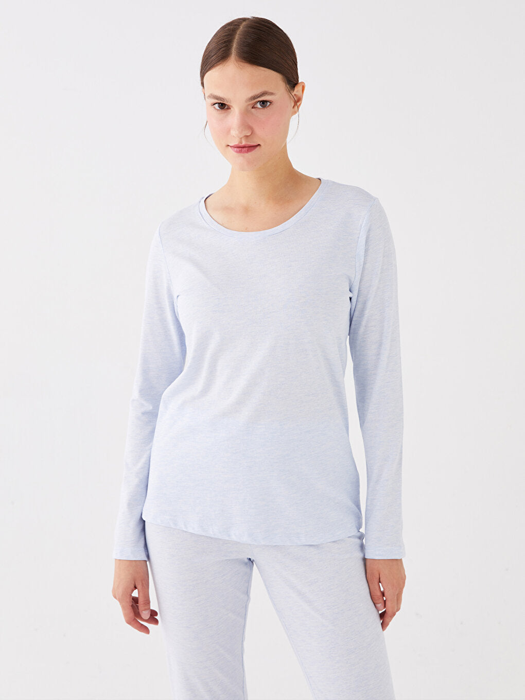 Crew Neck Plain Long Sleeve Women's Pajama Set