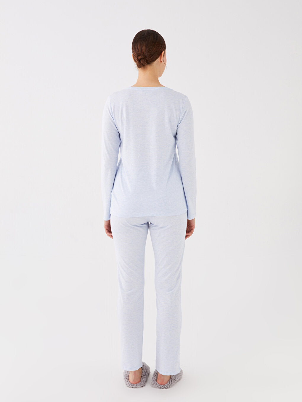 Crew Neck Plain Long Sleeve Women's Pajama Set