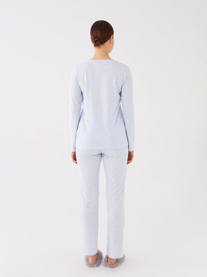 Crew Neck Plain Long Sleeve Women's Pajama Set