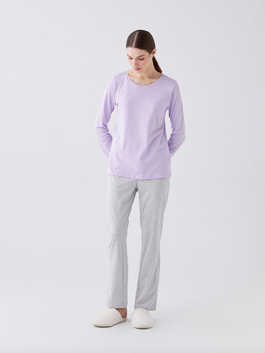 Crew Neck Plain Long Sleeve Women's Pajama Set