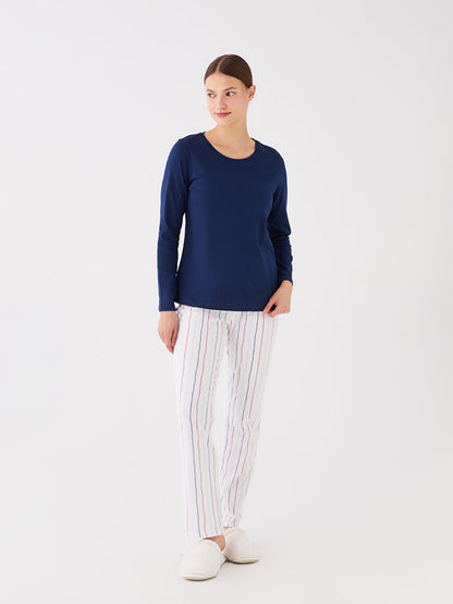 Crew Neck Plain Long Sleeve Women's Pajama Set