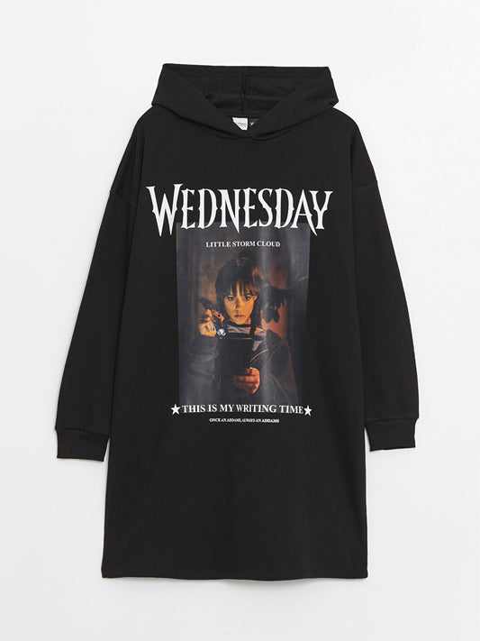 Hooded Wednesday Printed Long Sleeve Girl's Dress