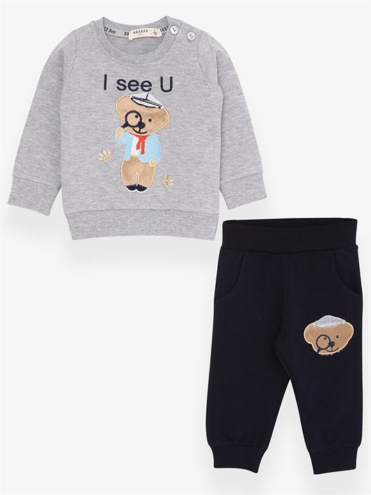 Crew Neck Long Sleeve Printed Baby Boy 2 Piece Set