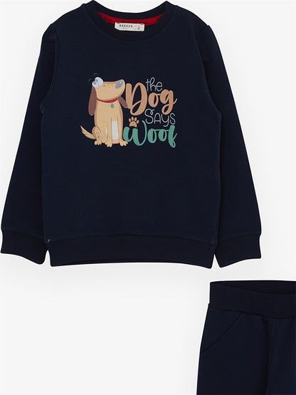 Crew Neck Long Sleeve Printed Baby Boy Sweatshirt and Tracksuit Bottom 2-Piece Set