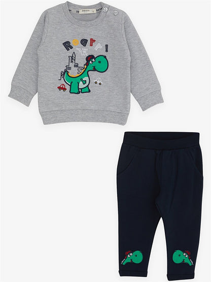 Crew Neck Long Sleeve Printed Baby Boy Sweatshirt and Tracksuit Bottom 2-Piece Set